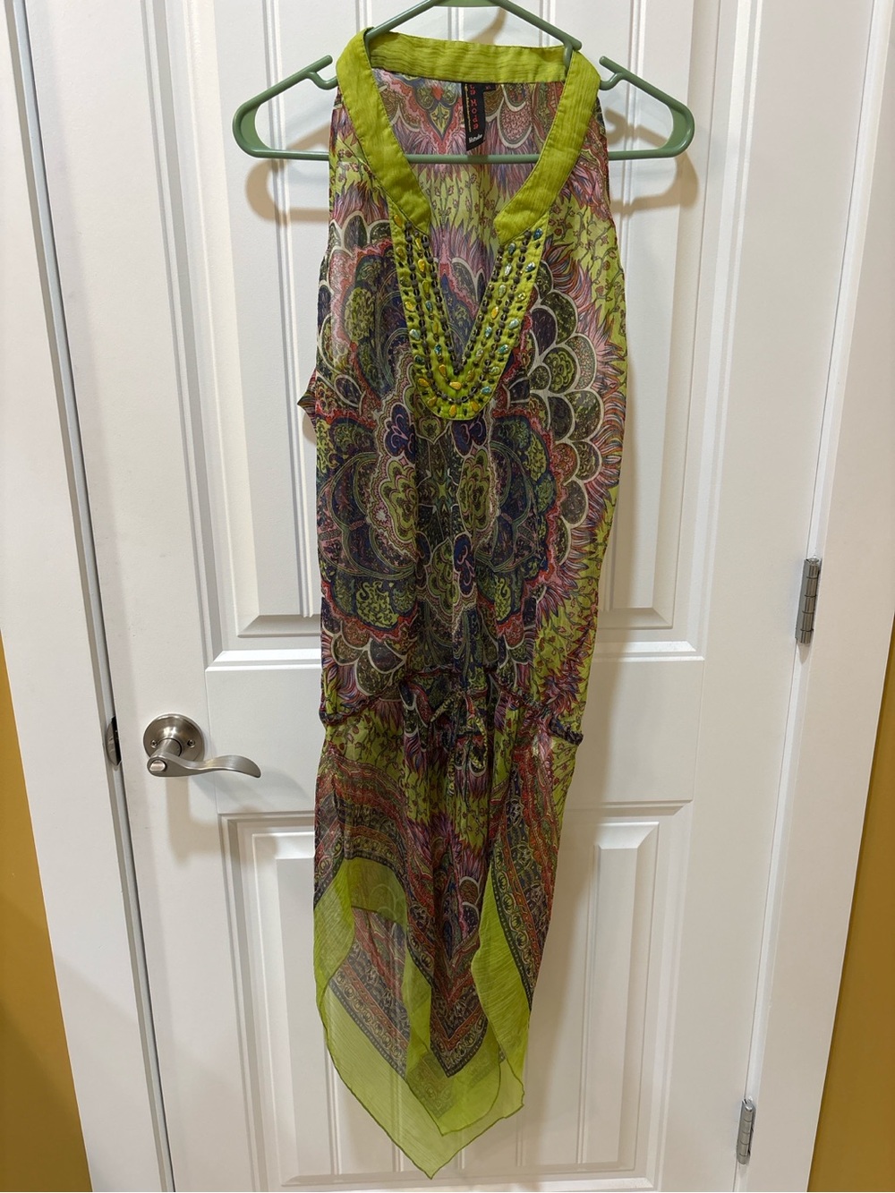 La Moda Hindu Beaded V-Neck Sheer Hankerchief Hem Paisley Maxi Dress - XL